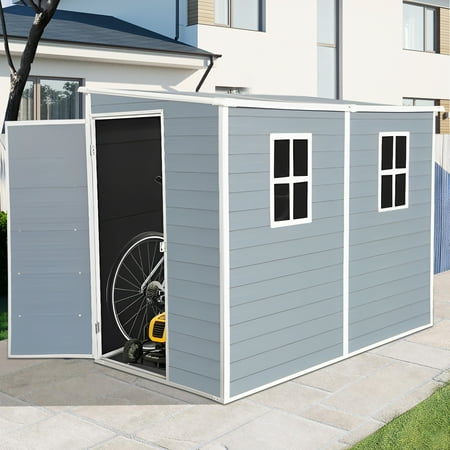 4x8 FT Resin Storage Sheds Outdoor with Floor 2 Windows & Lockable Door Storage Shed - Waterproof Garden Tool Shed Patio & Backyard Tool Storage Cabinet Use - Grey