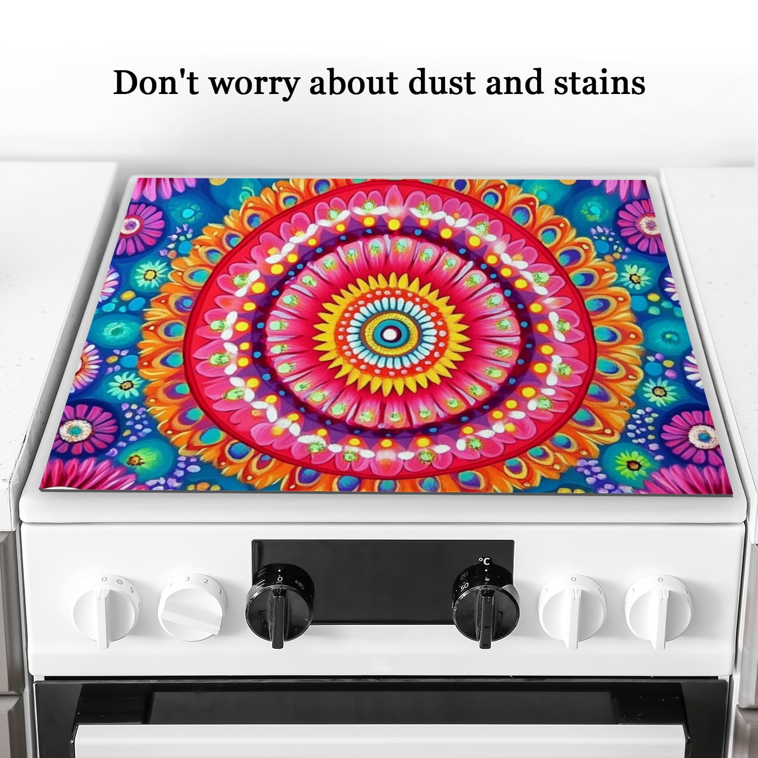 Square Ceramic Cooktop Cover for Stovetop, Floral Mandala Colorful Print Multipurpose Countertop Protector Mat, Waterproof Dustproof Oilproof Stove Cover Pad for Kitchen RV (28×20 Inch)