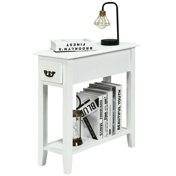 Topbuy White 2 Tier Narrow Nightstand End Bedside Sofa Side Table