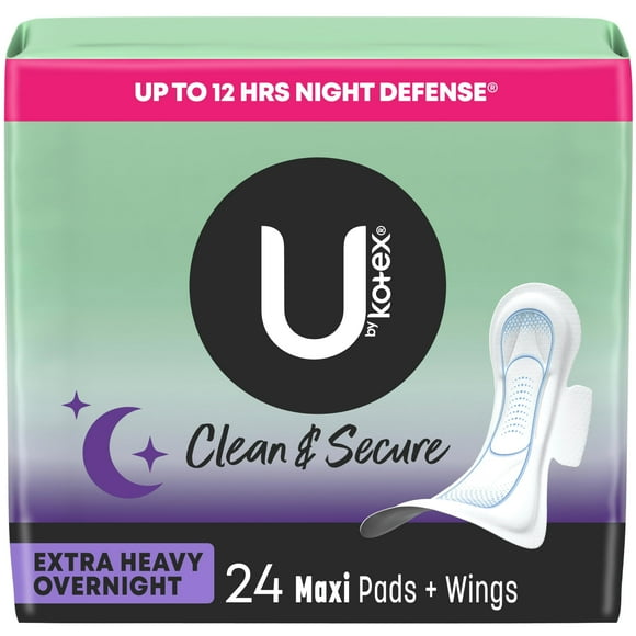 Servilletas sanitarias U by Kotex Overnight Maxi Pads, 24 unidades