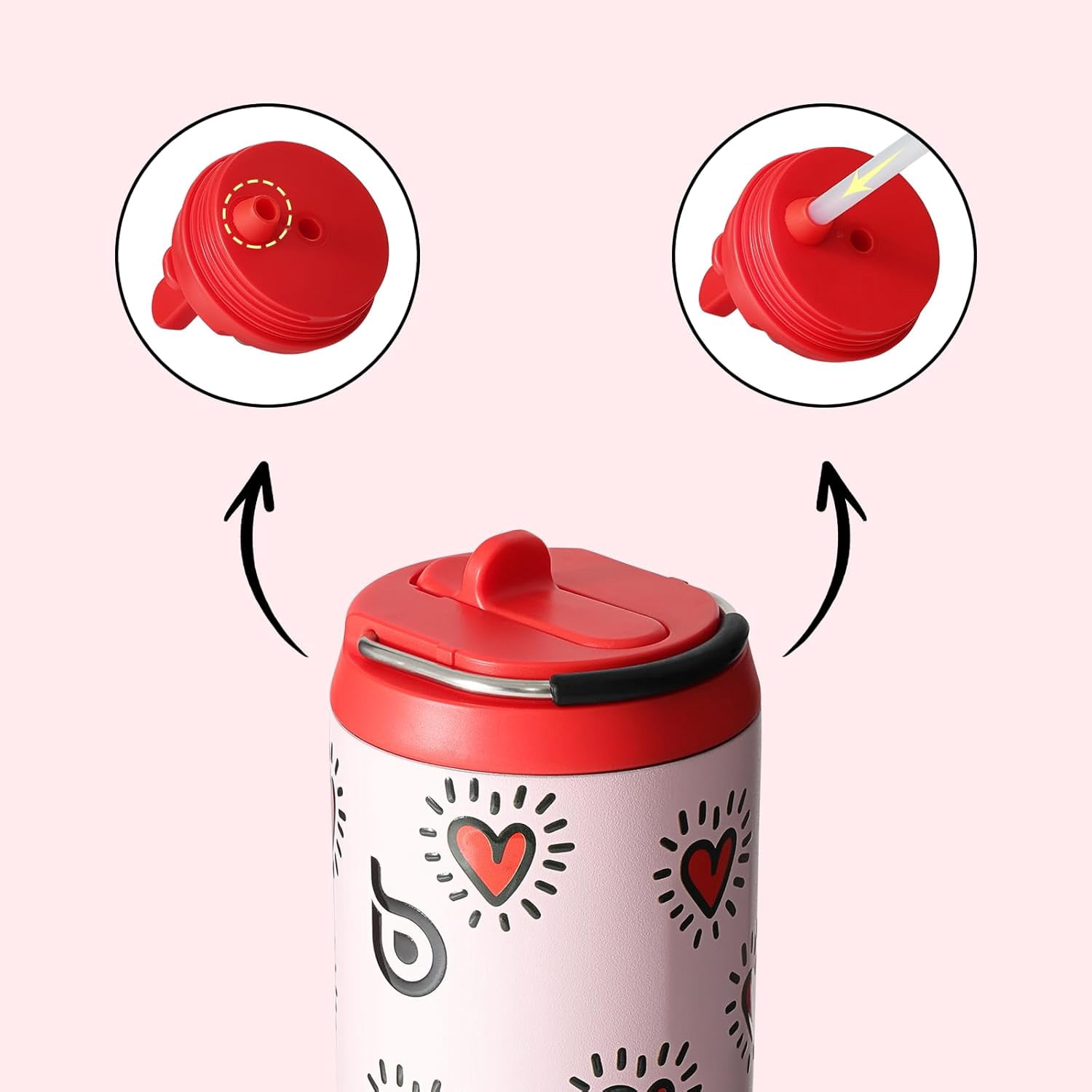 BOTTLE BOTTLE Insulated Water Bottle 24oz with Straw Lid and Handle for Sports Travel Gym Stainless Steel Water Bottles Double-Wall Vacuum Metal Leak Proof BPA-Free  Heart Beats