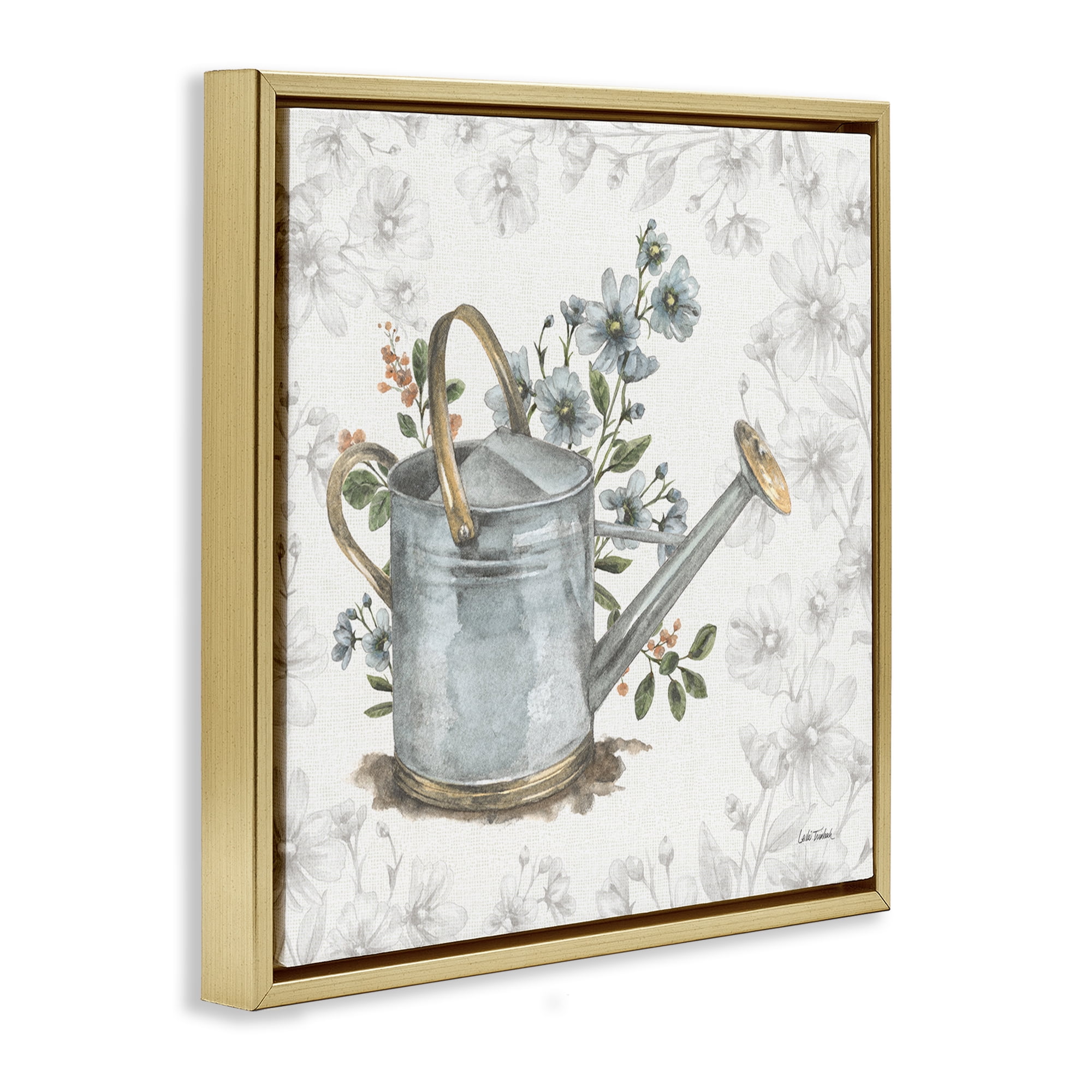 Stupell Industries Floral Watering Can Botanical & Floral Painting Gold Floater Framed Canvas Art Print Wall Art, 18 x 18