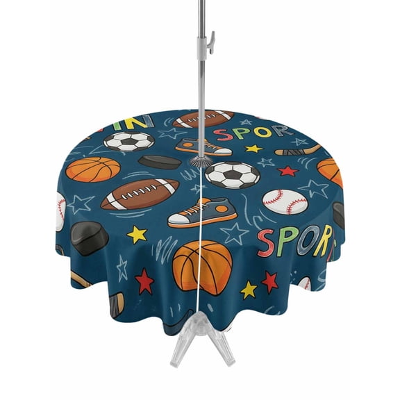 Outdoor Tablecloth with Umbrella Hole for Patio/Picnic/Party/Camping, Navy Blue Sports Waterproof Table Cloth Round Cover Washable, Football Basketball Rugby Baseball (Dia 60")