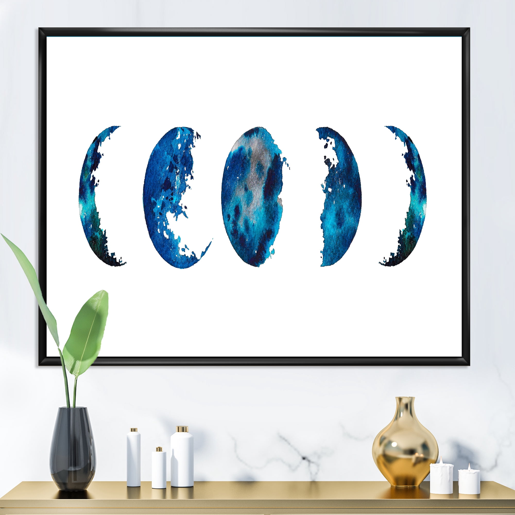 Designart 'Blue Moon Different Phases' Bohemian & Eclectic Framed Canvas Wall Art Print