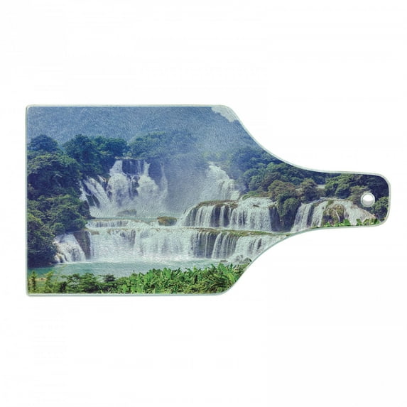 Nature Cutting Board, Waterfall Exotic Tropical Leaves Natural Swimming Pool Water Picture, Tempered Glass Cutting and Serving Board, Wine Bottle Shape, Forest Green Pale Blue, by Ambesonne