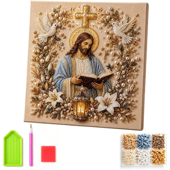 DIY Jesus Pearl Art Kit Complete 3D Bead Painting Set for Adults, Christian Religious Wall Decor Craft Gift for Church Members, 12×12in
