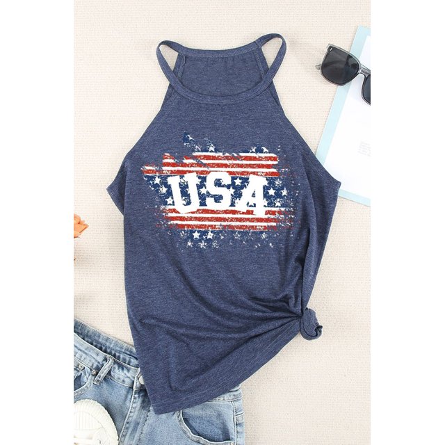 ABPHQTO Camiseta estampada con estampado de bandera nacional y letra causal azul oscuro para mujer