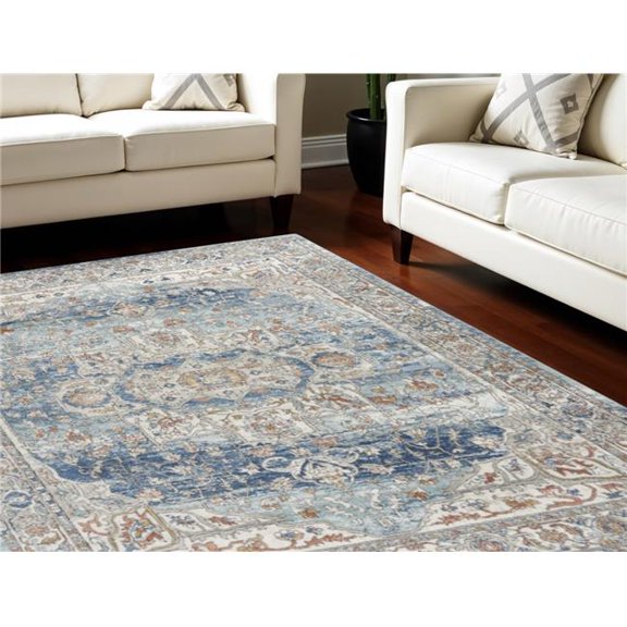 HomeRoots 545160 7 x 10 ft. Medallion Power Loom Distressed Traditional Rectangle Area Rug, Blue & Ivory