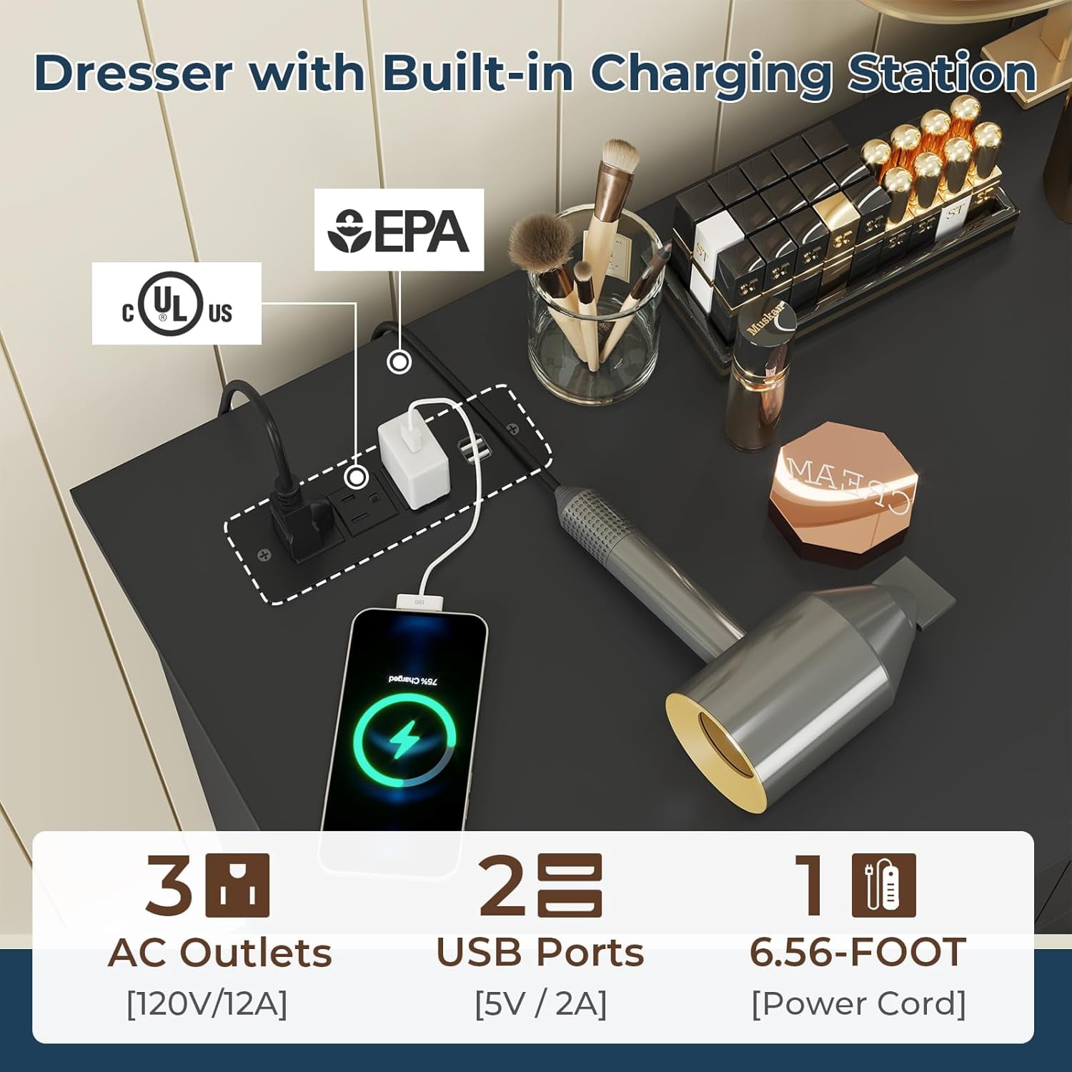 10 Drawers Dresser for Bedroom with Charging Station, Modern Long Chest of Drawers Storage Organizer, 55.1'' Wide Black Dresser TV Stand for Living Room
