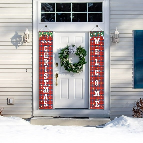 Juiluna Merry Christmas Banner Front Porch Sign, Buffalo Plaid Christmas Door Banner,Hanging Christmas Door Decorations for Front Door Welcome Christmas Banners Xmas Decor Flags-Large Size 12”×71”