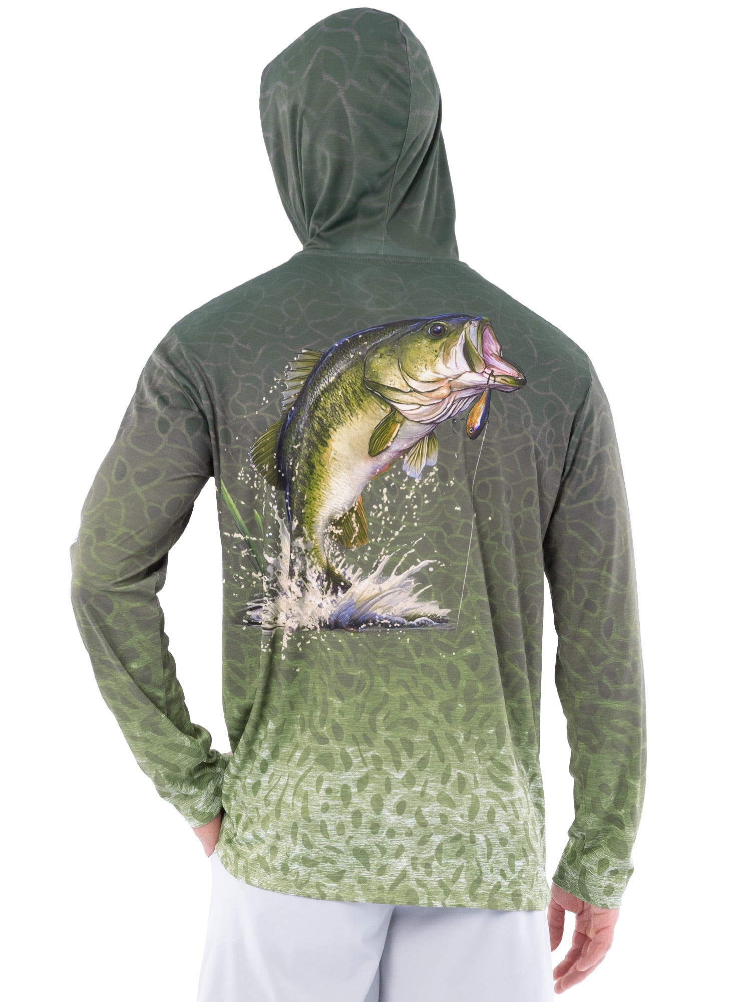 Fish N Vibe Men's Long Sleeve Performance UPF 30 Fishing Graphic Hoodie, Hooked Bass Speckled-Gray, M