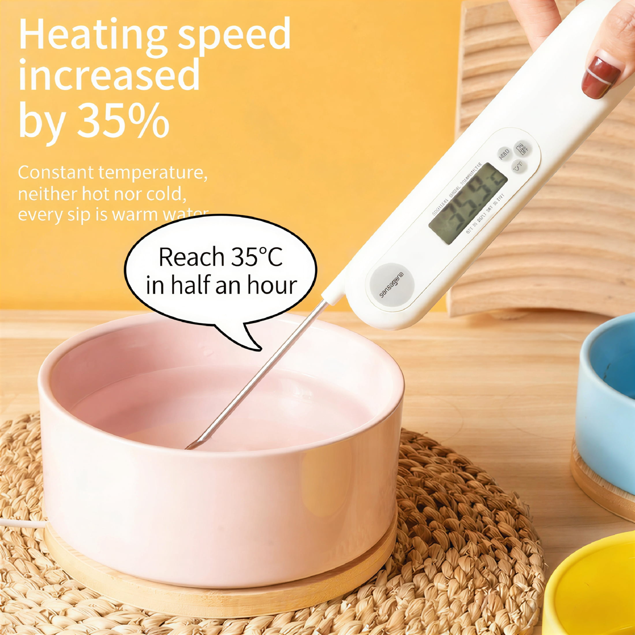 BESTSKY Heated Water Bowl,Temperature Control Design Slow Feeder Dog Bowls,Odor Prevention Dog Feeding Station,Yellow