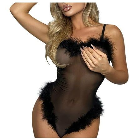 

BIZIZA Womens Babydoll Feather Transparent Solid Color Plus Size Mesh Bodysuit Teddy Sexy Lingerie Black M