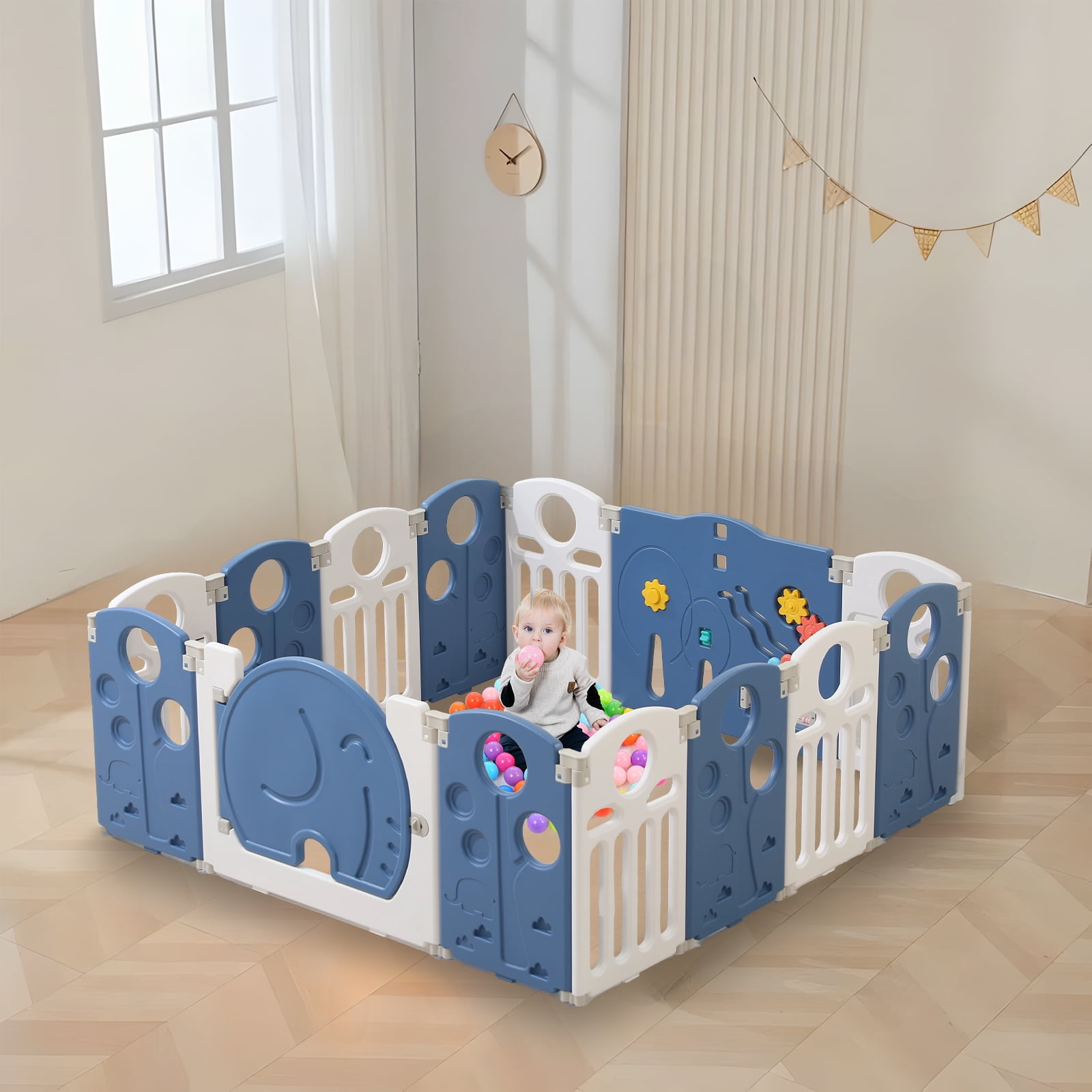 Kids and Toddlers' Playpen,Kids Activity Center Safety Play Yard for Indoor&Outdoor,Portable,Plastic,Dark blue&White,14 Panels