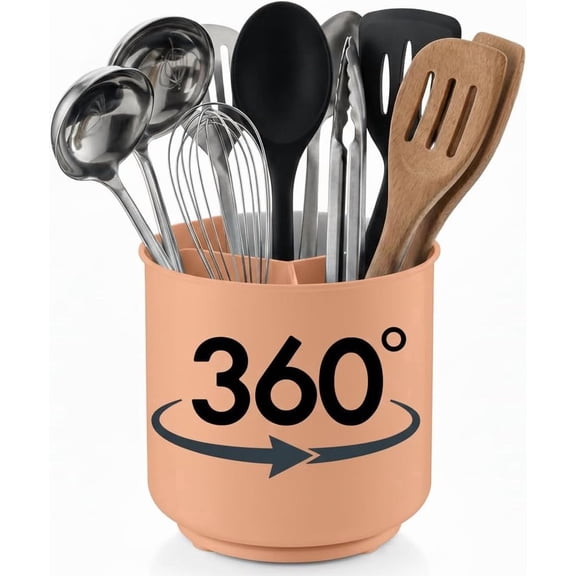 Cooler Kitchen Extra Large Rotating Peach Plastic Utensil Holder Caddy with Weighted No-Tip Base and Removable Divider – Dishwasher Safe Countertop Organizer
