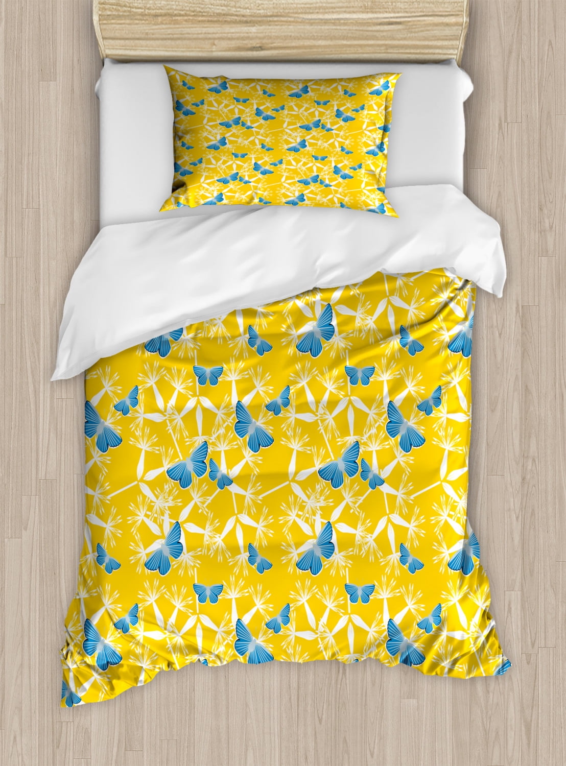 Yellow and Blue Twin Size Duvet Cover Set, Butterflies with Tropical