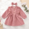 thumbnail image 3 of Toddler Baby Girl Fall Spring Dress Corduroy High-Waist Ruffle Buttons Princess Dress With Bow Headband, 3 of 7