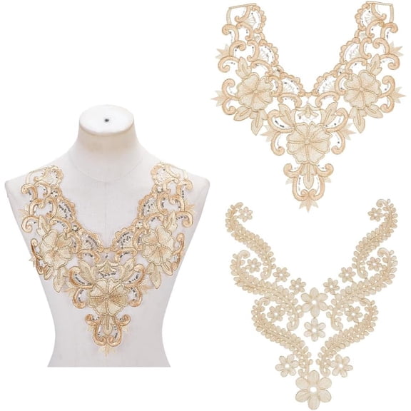 2 Pcs Gold 3D Applique Flowers Lace Patch 2 Styles Embroidery Lace Collar Fabric Trim Applique Sew On Flower Fabric Collar Patch for DIY Wedding Dress Decor
