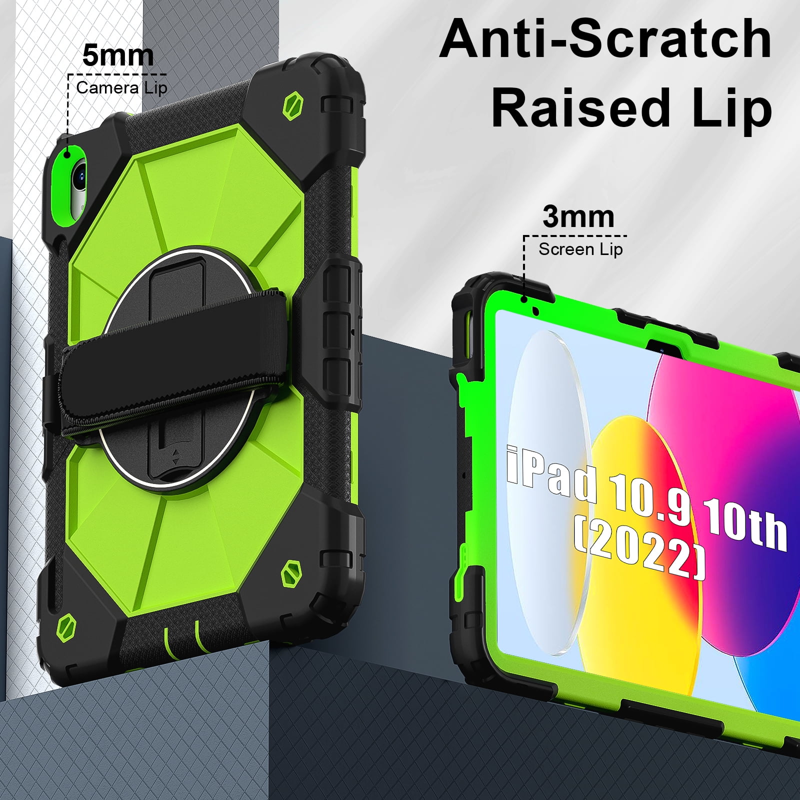 ELEHOLD Rugged Hybrid Case for iPad 11th Gen (A16) 2025 11-inch,with Built-in Kickstand 360° Rotating Handstrap Pencil Holder Crossbody Shoulder Strap Shockproof Heavy Duty Case,Black/Green