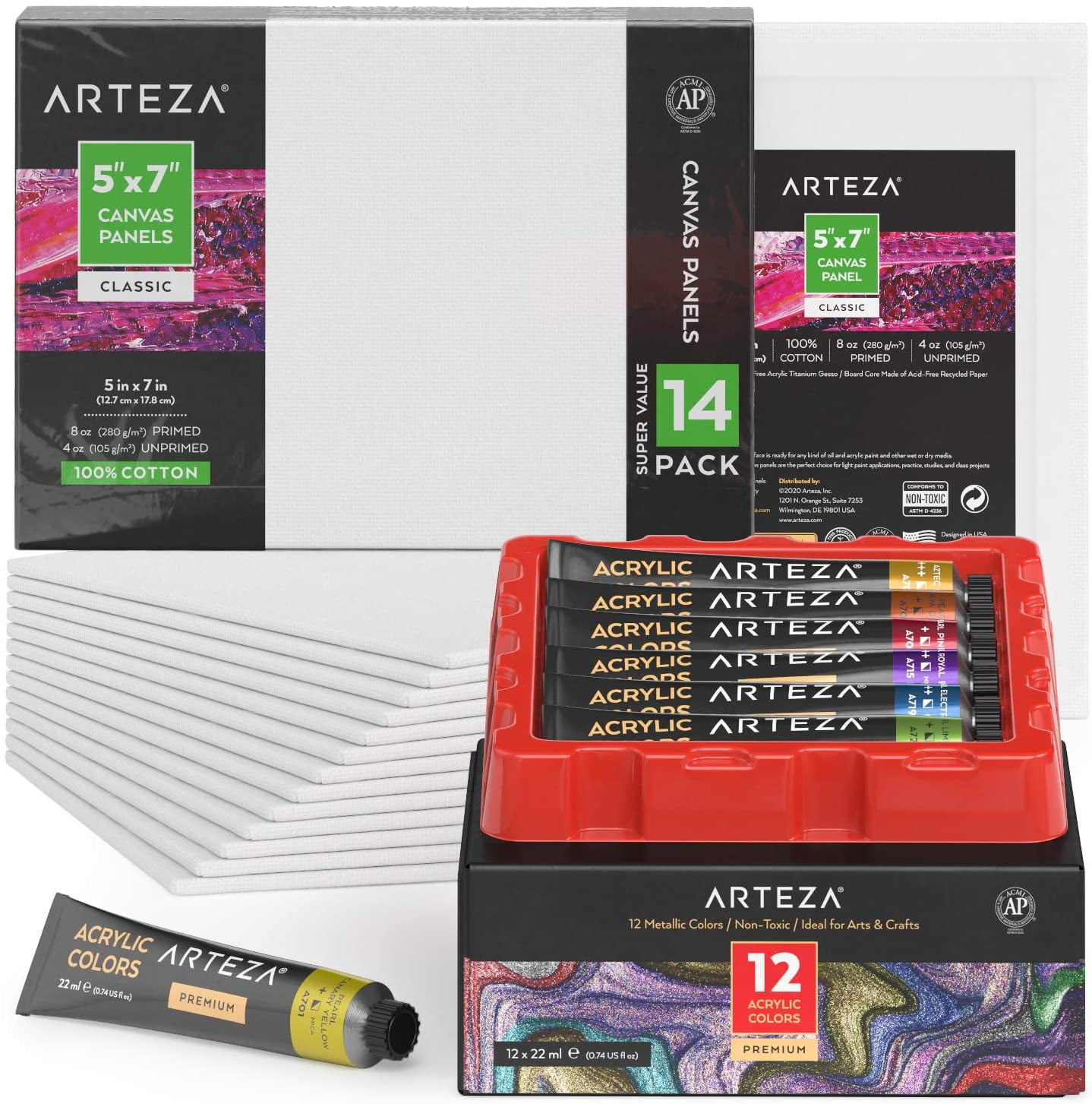 Arteza Canvas and Paint Set 12 Acrylic Paints and 14 White Blank