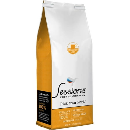 Sessions Coffee Regular Caf 100% Caffeine Whole Bean Medium Roast, 12 oz