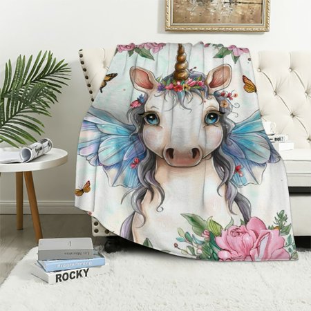 Orinice Throw Blankets for Sofa Couch Fluffy Cozy Flannel Travel Outdoor Blanket, Summer Desk Blanket for Work Chair, Lap Blanket & Pet Blanket, Home Decor- Butterfly and Hippo 60x80in