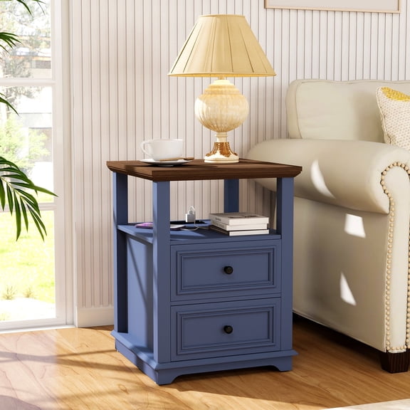 18" Farmhouse Nightstand with Charging Station, Blue End Table with 2 Drawers & Storage Shelf, Rustic Bedside Table for Bedroom, Living Room, 18.1"D x 18.1"W x 24.2"H, Set of 1
