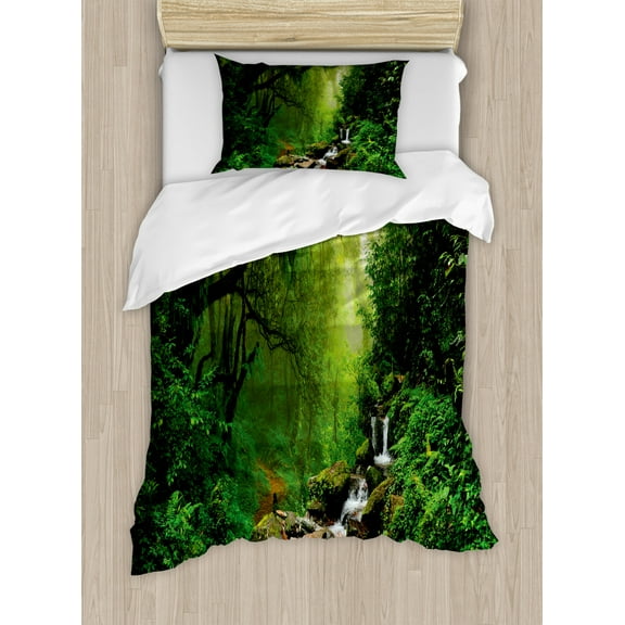 Ambesonne Nature Duvet Cover Set, Idyllic Forest Design, Twin, Emerald Hunter Green