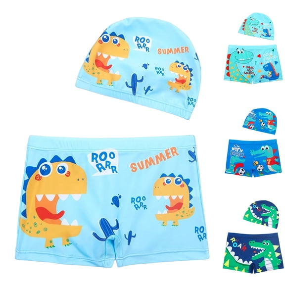 Pandaie Baby Toddler Boys Swim Trunks Set Rash Guards Dinosaur Swimsuit Shorts Cute Summer Beach Bathing Suit with Hat 5-6 T,Blue