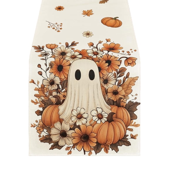 CHJK Halloween Table Runner, 13x72 Inch Home Party Decor, Floral Ghost Pumpkin Leaves, Seasonal Kitchen Dining Table Decoration, #A1
