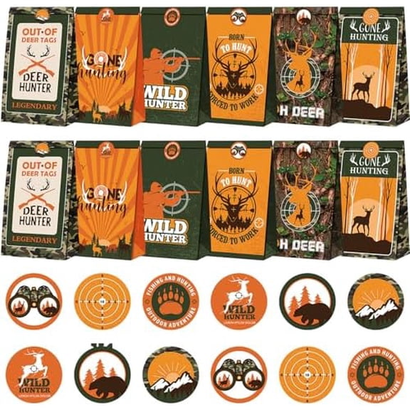 24 Pcs Hunting Party Bags Birthday Goodie Camo Gift Bags with 24 Pcs Stickers Deer Hunting Party Favors Candy Treat for Kids Boys Girls Baby Shower Birthday
