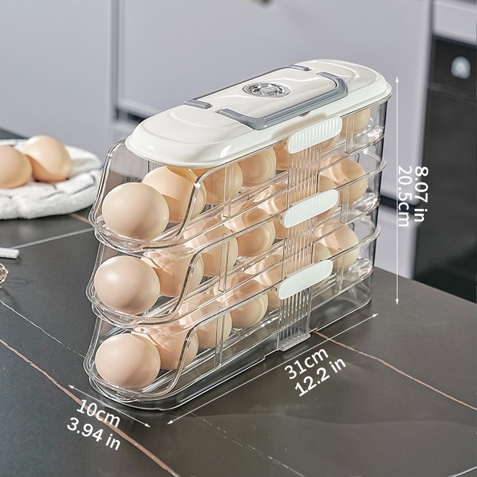 mdesiwst Automatic Rolling Egg Holder 1/2/3-Tier Kitchen Fridge Fresh Egg Storage Rack Plastic Egg Organizer Container Dispenser with Handle