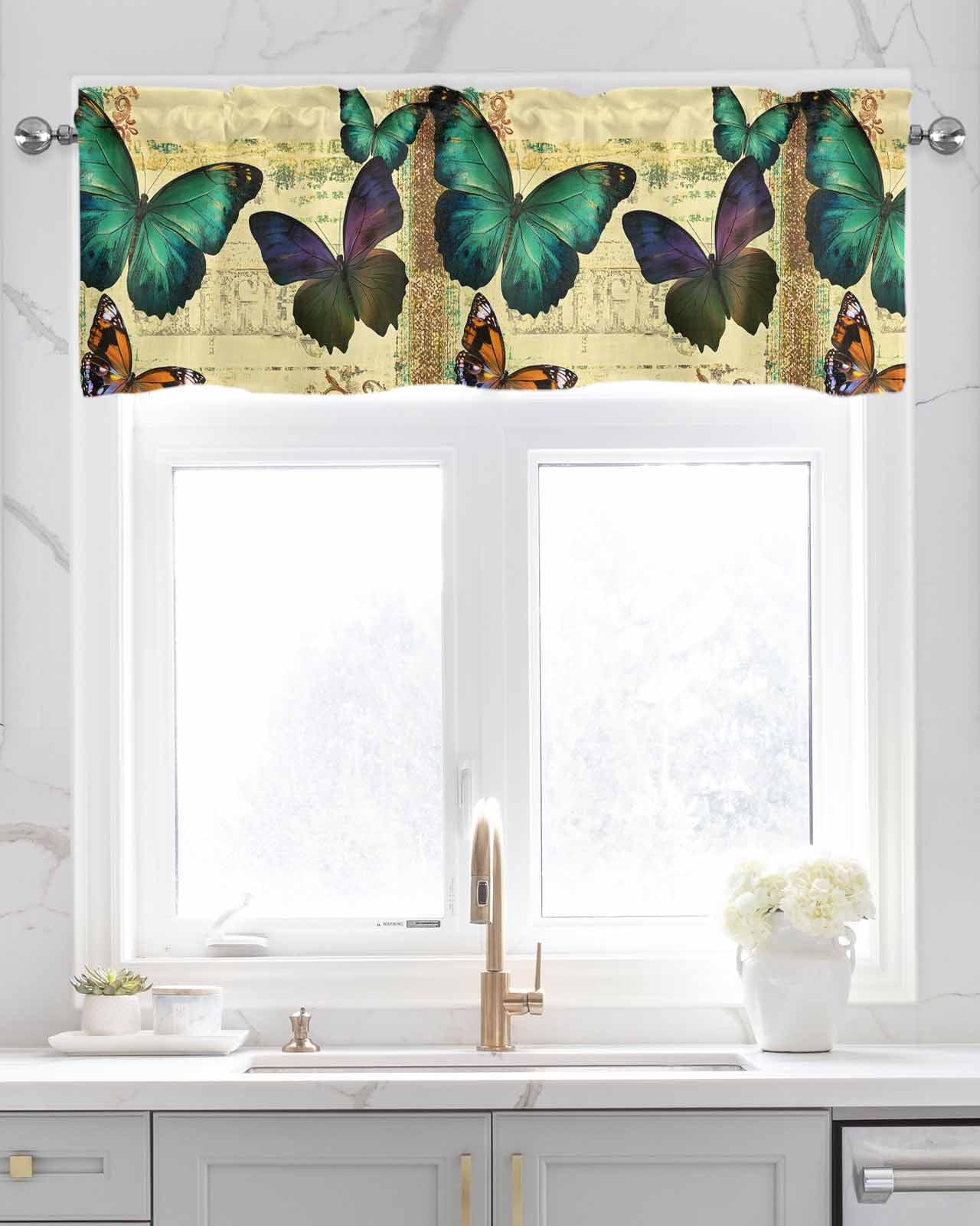 Teal Retro Butterfly Kitchen Valances for Windows Farmhouse Linen Window Valance Curtain for Living Room Window Treatment Vintage Summer Butterflies Valance Rod Pocket Topper Drape, 60 x 18 Inch