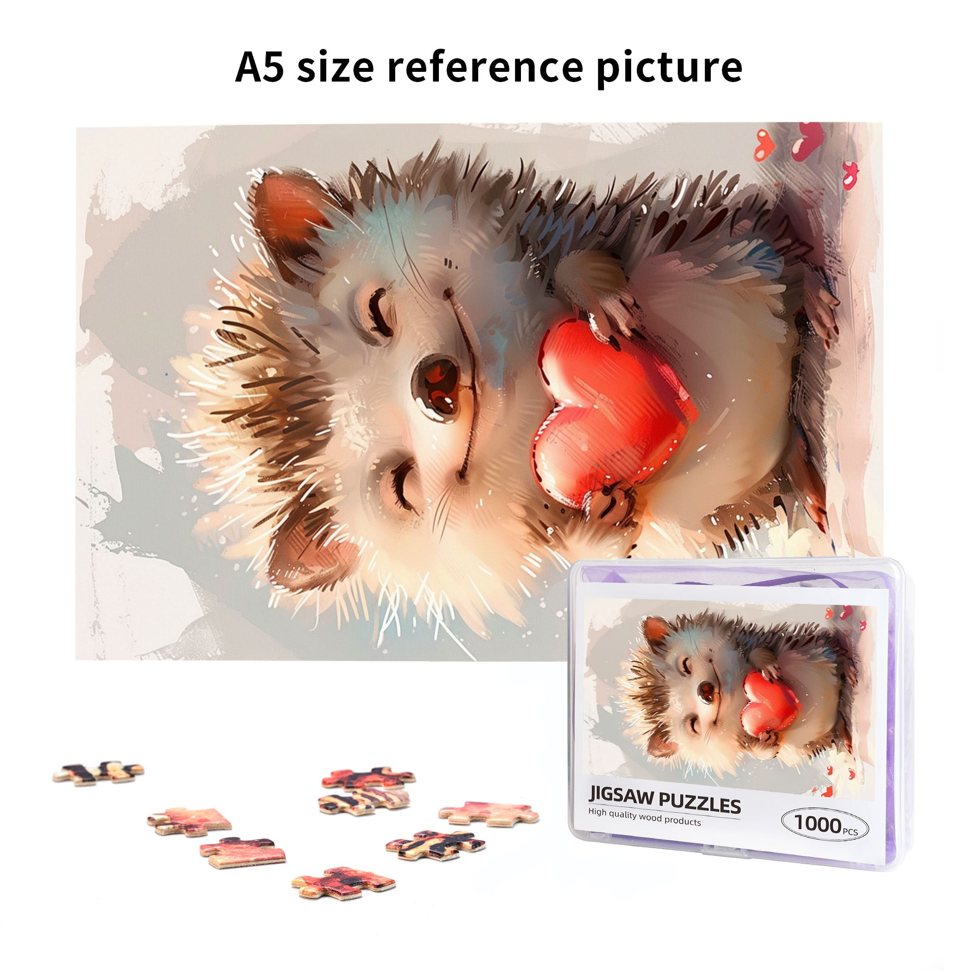 1000 pcs Cute Hedgehog & Red Heart puzzles for adults 1000 pieces,Creative Activity Hobbies for Adults,Enchanting Hedgehog Animal Wooden Puzzle,Great for Relaxation and Display for Puzzle Enthusiast