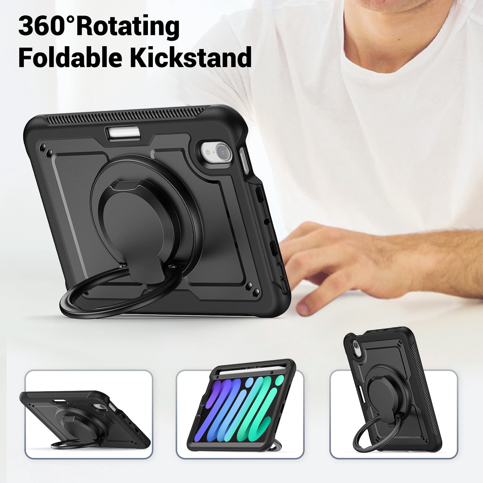 Shockproof Case for Apple iPad Mini 6th 7th Generation 8.3 Inch, Rugged Hybrid Protective Cover with Pencil Holder & Shoulder Strap Kids Friendly Rotating Kickstand Case for iPad Mini 6 7,Black