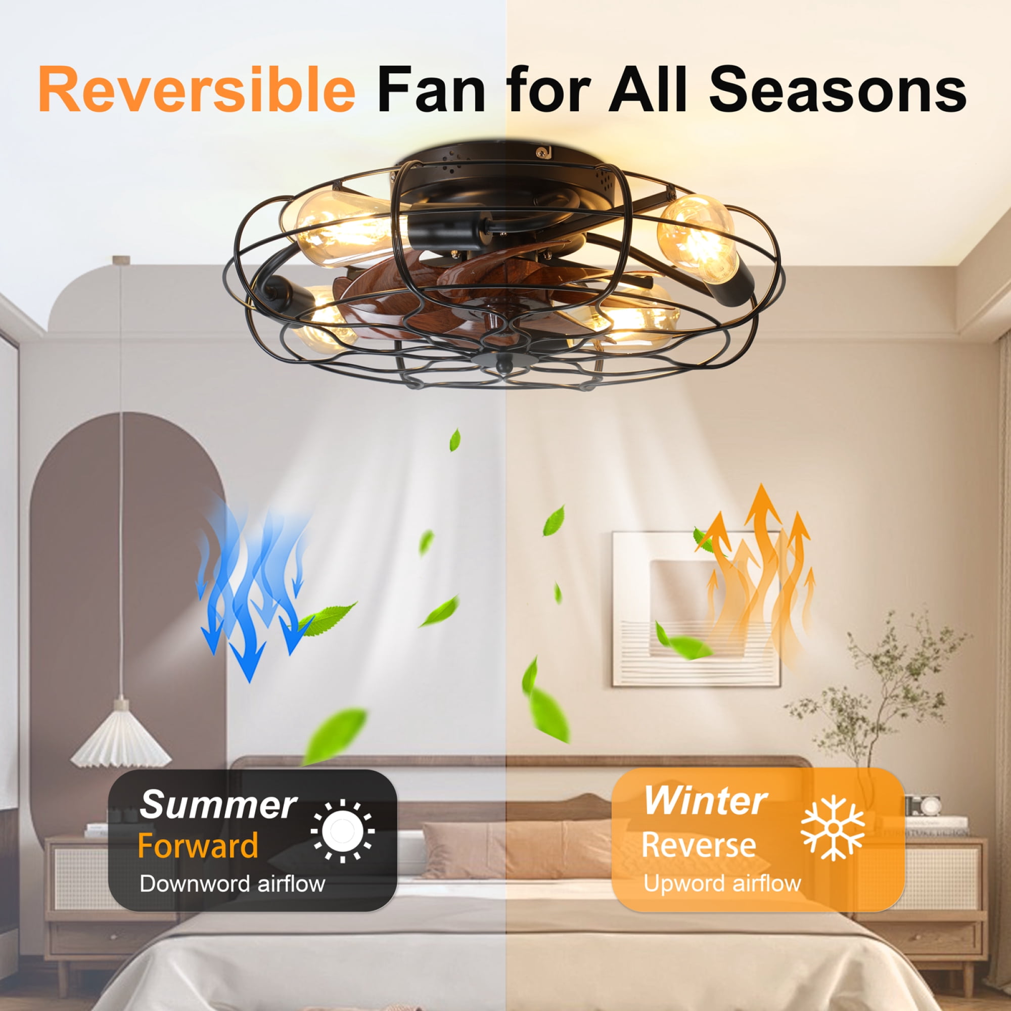 Leumius 19.7" Industrial Caged Ceiling Fan with Light, 6-Speed Reversible DC Motor, E26 Bulb Base, Remote Control, Timer, Low Noise, Farmhouse Decor for Bedroom Living Room Kitchen
