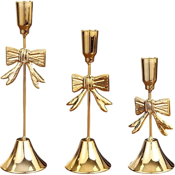3 Pcs Gold Bow Candle Holders, 3 Size Gold Bow Candlestick Holders, Taper Candle Holder Vintage Decorative for Table Centerpiece Mantel Decor Holiday Housewarming Gifts
