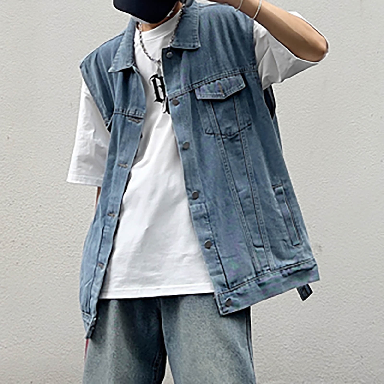 Mens Denim Vest Sleeveless Motorcycle Jacket Vintage Distressed Open Front Big and Tall Trucker Jean Jackets