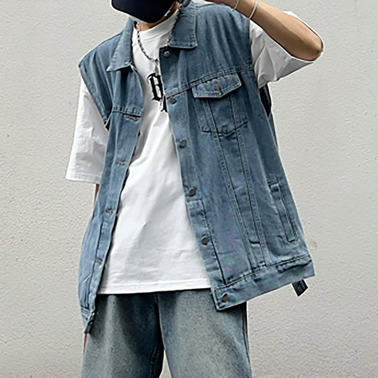 Yaoyar Denim Vest for Men Casual Lapel Solid Color Jeans