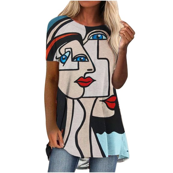 FAVIPT Womens Summer Tops,Tunic Tops to Wear with Leggings Women's Summer Tunic Tops Short Sleeve Loose Fit Long Blouse Vintage Print Flowy Tees