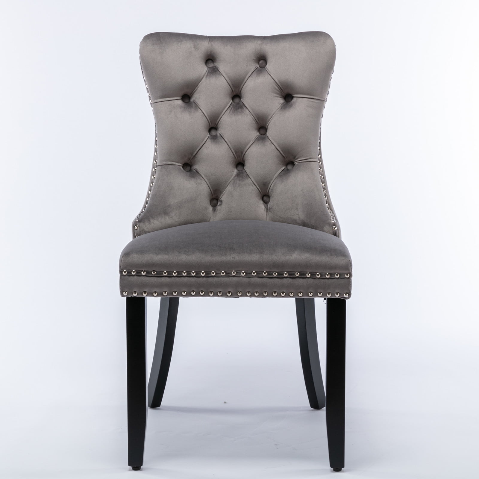 Yoneston Dining Chairs Set of 2, Upholstered High-End Tufted Dining Room Chair with Nailhead & Ring Pull Trim, Modern Velvet Chairs with Solid Wood Legs for Kitchen, Gray