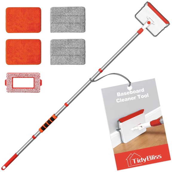TidyBliss Baseboard Cleaner Tool, Wall Mop with 55.9" Long Handle (Red)