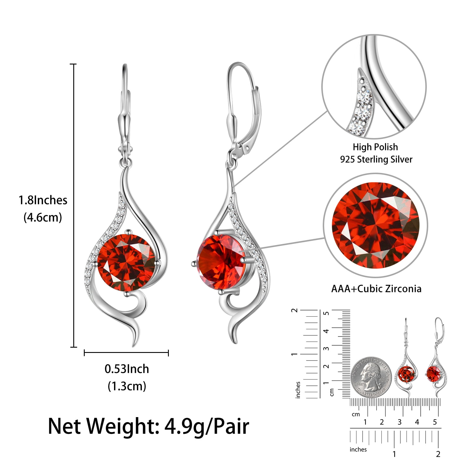 Juwaliy Women Dangle Earrings January Birthstone Earrings Garnet Red Hanging 925 Sterling Silver Leverback Tail Jewelry Mother Wife Xmas Birthday Valentines Gift for Her