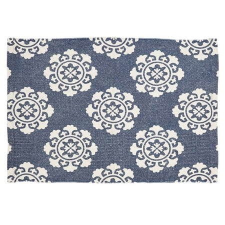 Temporary Flooring Denim Blue Farmhouse Flooring Ceylon Cotton Latex Backing Distressed Appearance Enzyme Washed Medallion Rectangle Accent Rug ()
