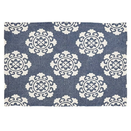 Denim Blue Farmhouse Flooring Ceylon Cotton Latex Backing Distressed Appearance Enzyme Washed Medallion Rectangle Accent (Best Flooring For House In India)