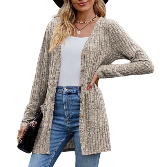 AELand Women's Long Sleeve Cardigan Sweater Thin Lightweight Button Down Brushed Knit Tops with Pockets, M,Khaki