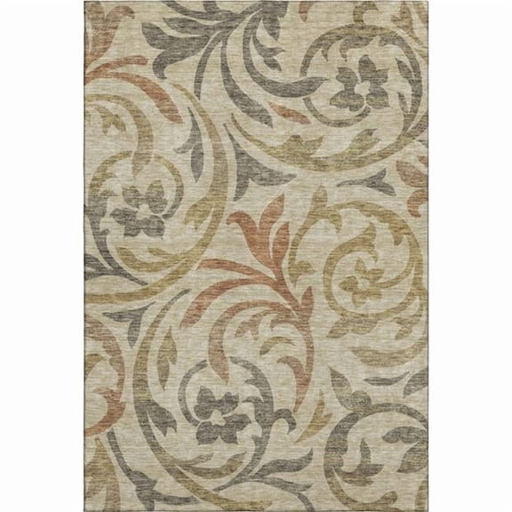 HomeRoots 664090 8 x 10 ft. Beige Gold & Brown Floral Washable Machine Made Rectangle Area Rug with UV Protection