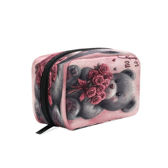 BZSMCE Makeup and Cosmetic Bag Women Simple Bear Holding Rose Pattern Square Cosmetic Bag
