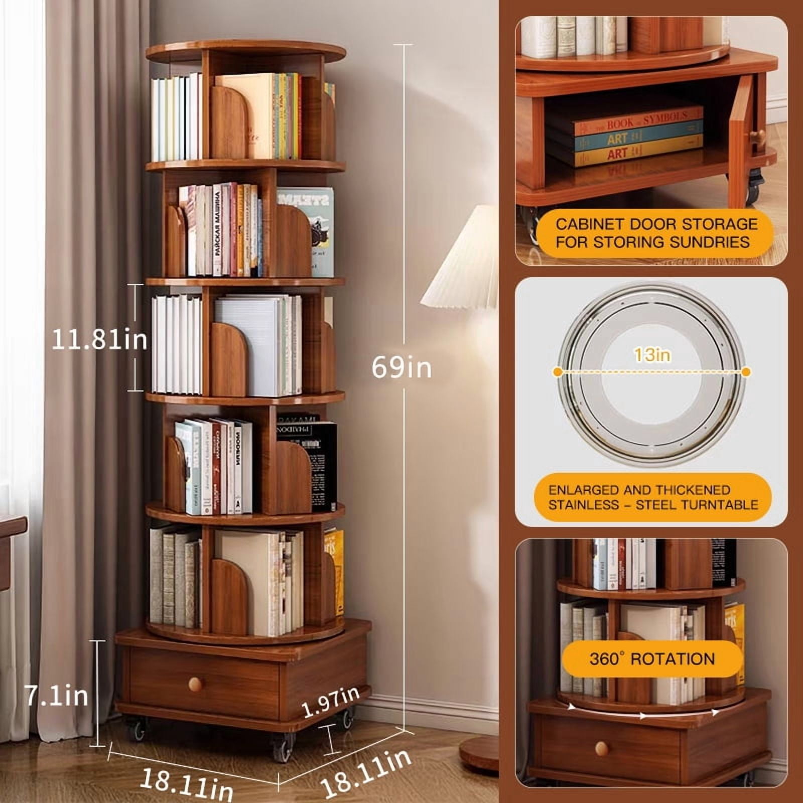 Rotating Bookshelf, 6 Tier Corner Bookcase with 360-Degree Rotation and Wheels, Space-Saving Design for Small Spaces, Walnut Brown Finish