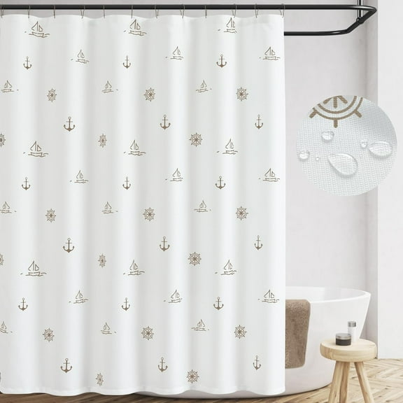 Tan and White Shower Curtain Nautical Simple Fabric Shower Curtain for Bathroom Ocean Theme Sailboat Waterproof in Bath 72x72 inches Shower Curtains Set with Curtain Hooks